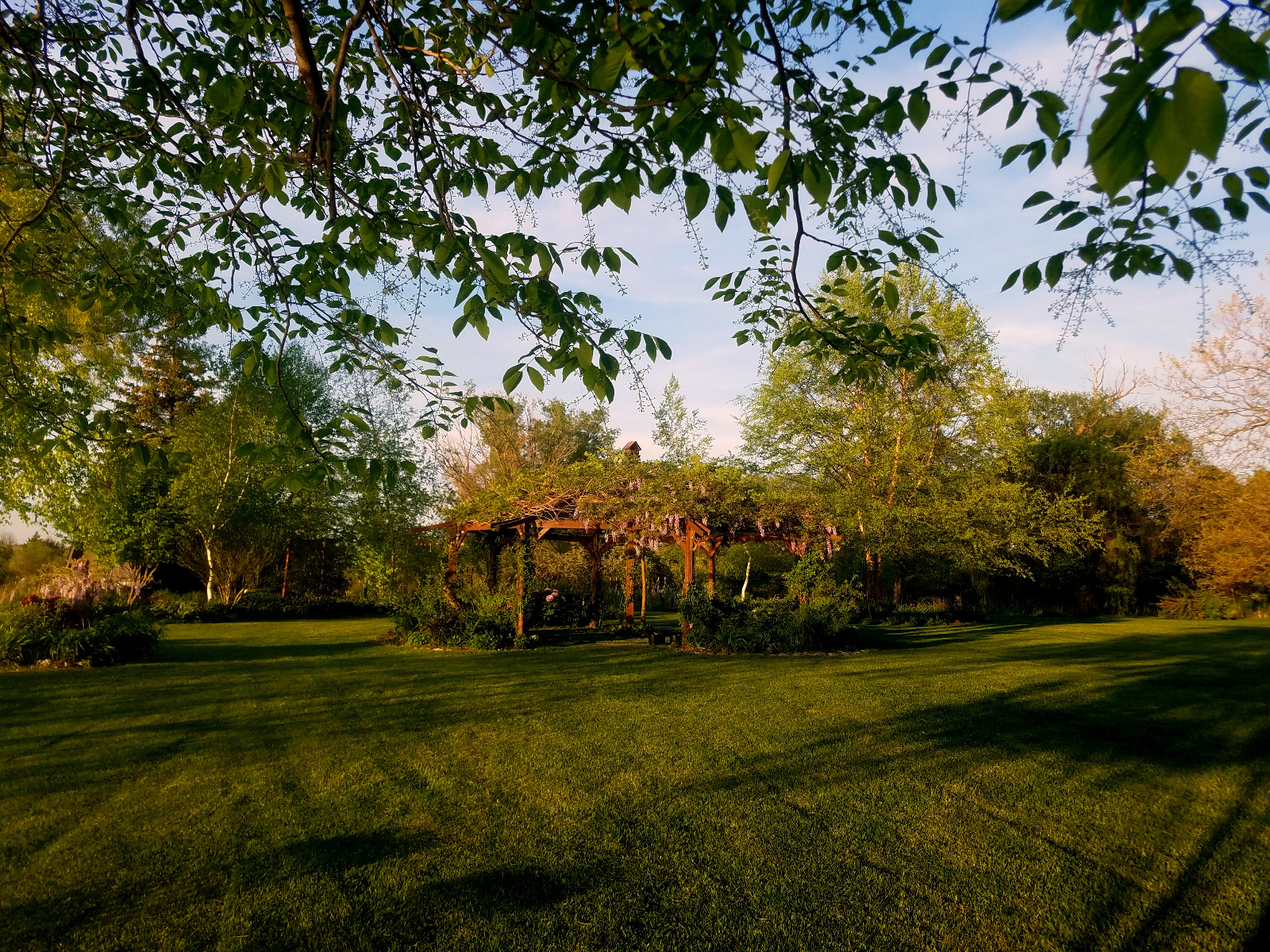 LOOK ACROSS ISLAND TOWARDS FLOWERING GAZEBO