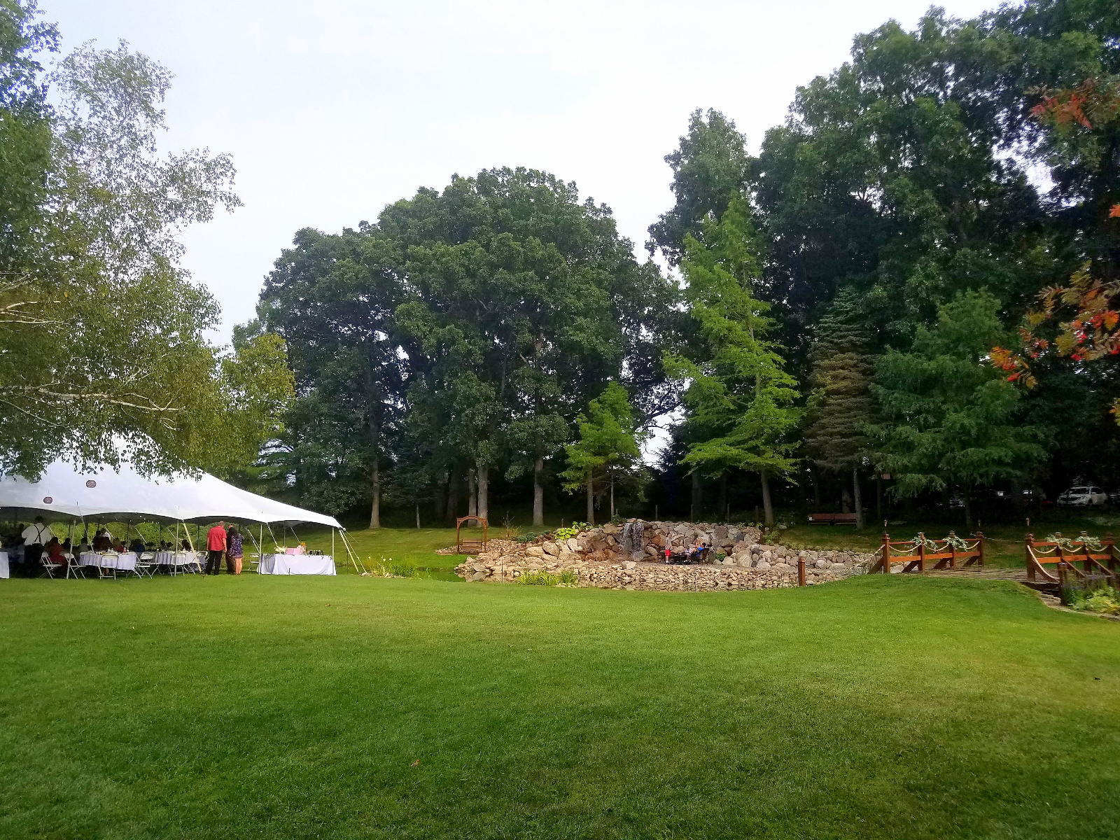 The Waterfall on south side of the channel and Reception tent on the north side